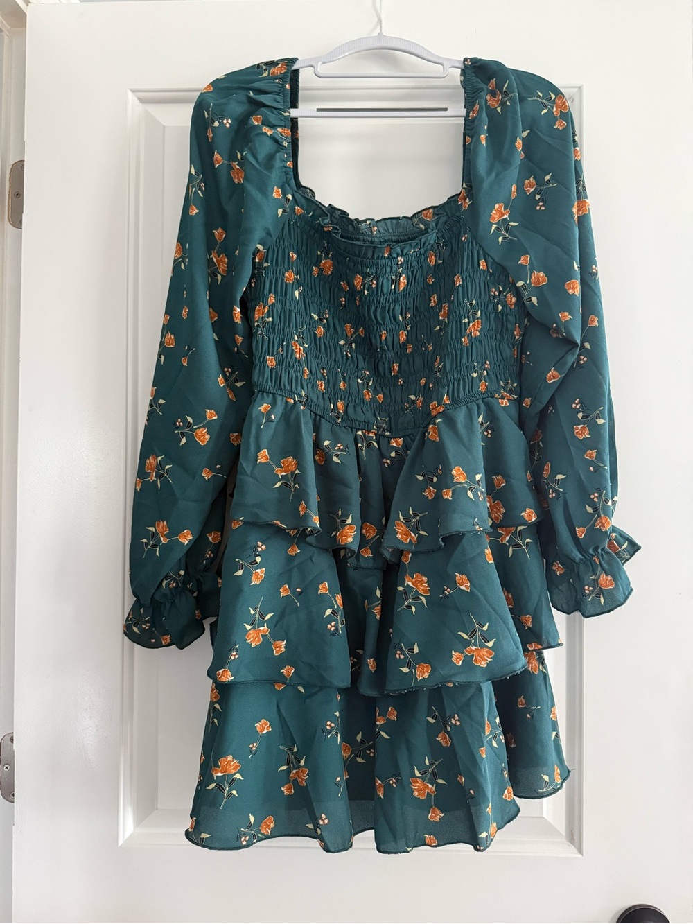 Women's Teal Floral Smocked Tiered Mini Dress